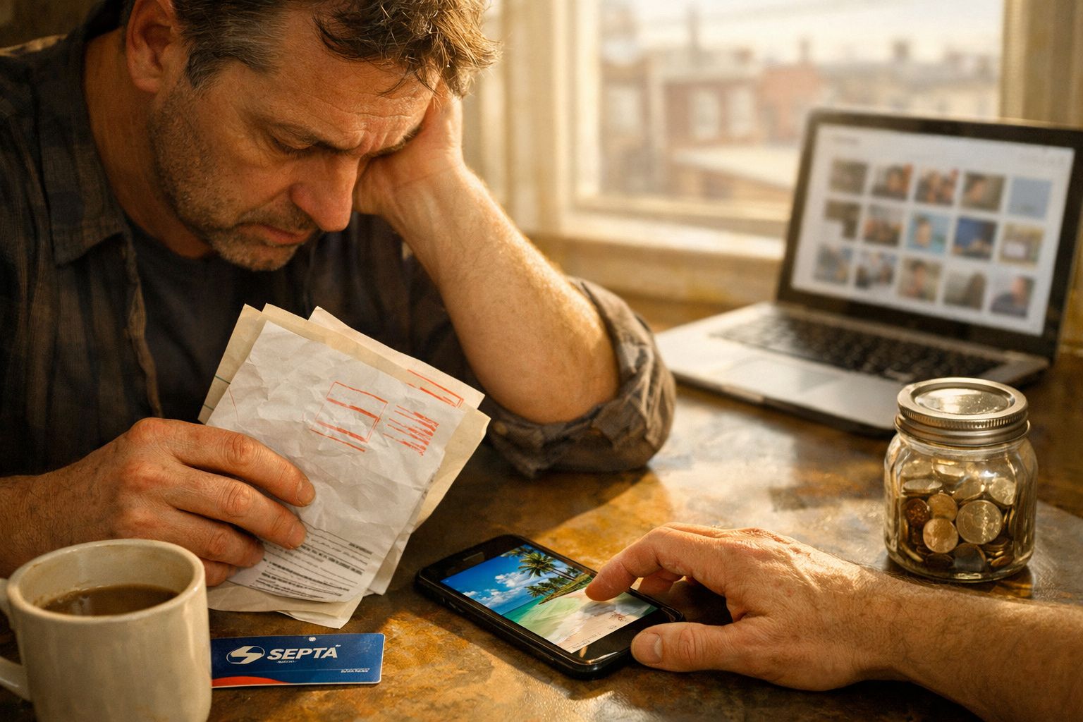 Homem usando smartphone numa mesa com computador portátil, papéis e casaco neon, ao lado de janela com vista urbana.
