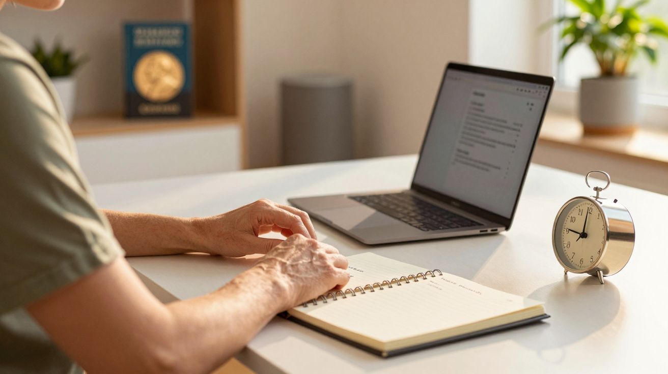 Pessoa escrevendo num caderno ao lado de um laptop e um despertador numa mesa, com luz natural e planta ao fundo.