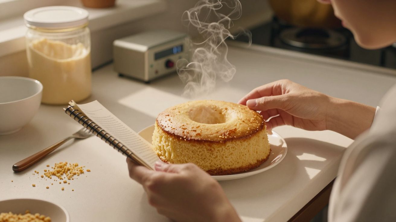 Pessoa segurando receita ao lado de bolo quente em prato, sobre bancada branca com tigelas e migalhas ao redor.