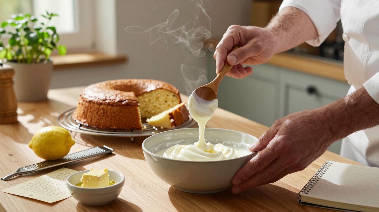 Mãos a mexer massa numa tigela, bolo ao fundo, limão e manteiga na mesa, caderno ao lado.