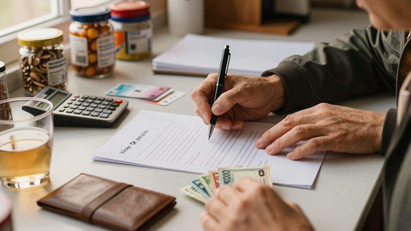 Pessoa a assinar um documento em cima de uma mesa com notas, calculadora, copo, comprimidos e carteira.