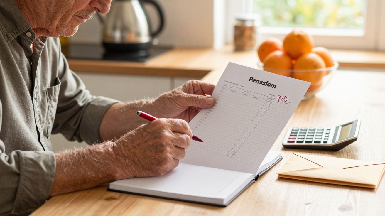 Senhor analisa documento de pensão com caneta em cozinha, ao lado de calculadora e laranjas.