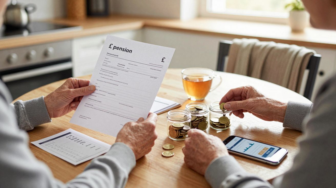 Duas pessoas a calcular poupanças para a reforma com moedas, documentos e um telemóvel em cima de uma mesa de madeira.