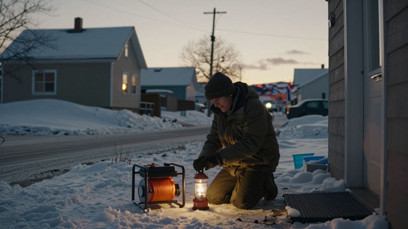 Homem ajoelhado na neve ao anoitecer, segura uma lanterna ao lado de um enrolador de cabo em frente a uma casa.