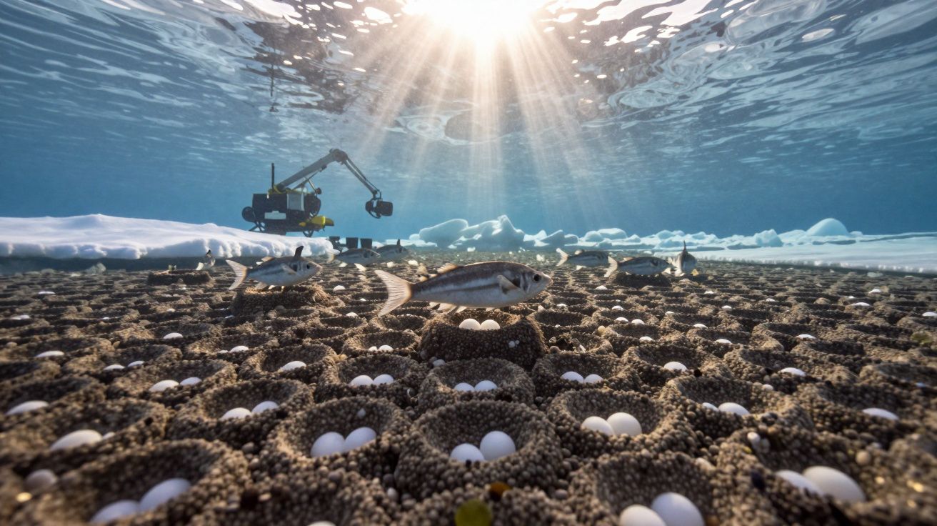 Peixes nadam sobre ninho de ovos em fundo marinho, com luz solar penetrando na água e câmera subaquática ao fundo.