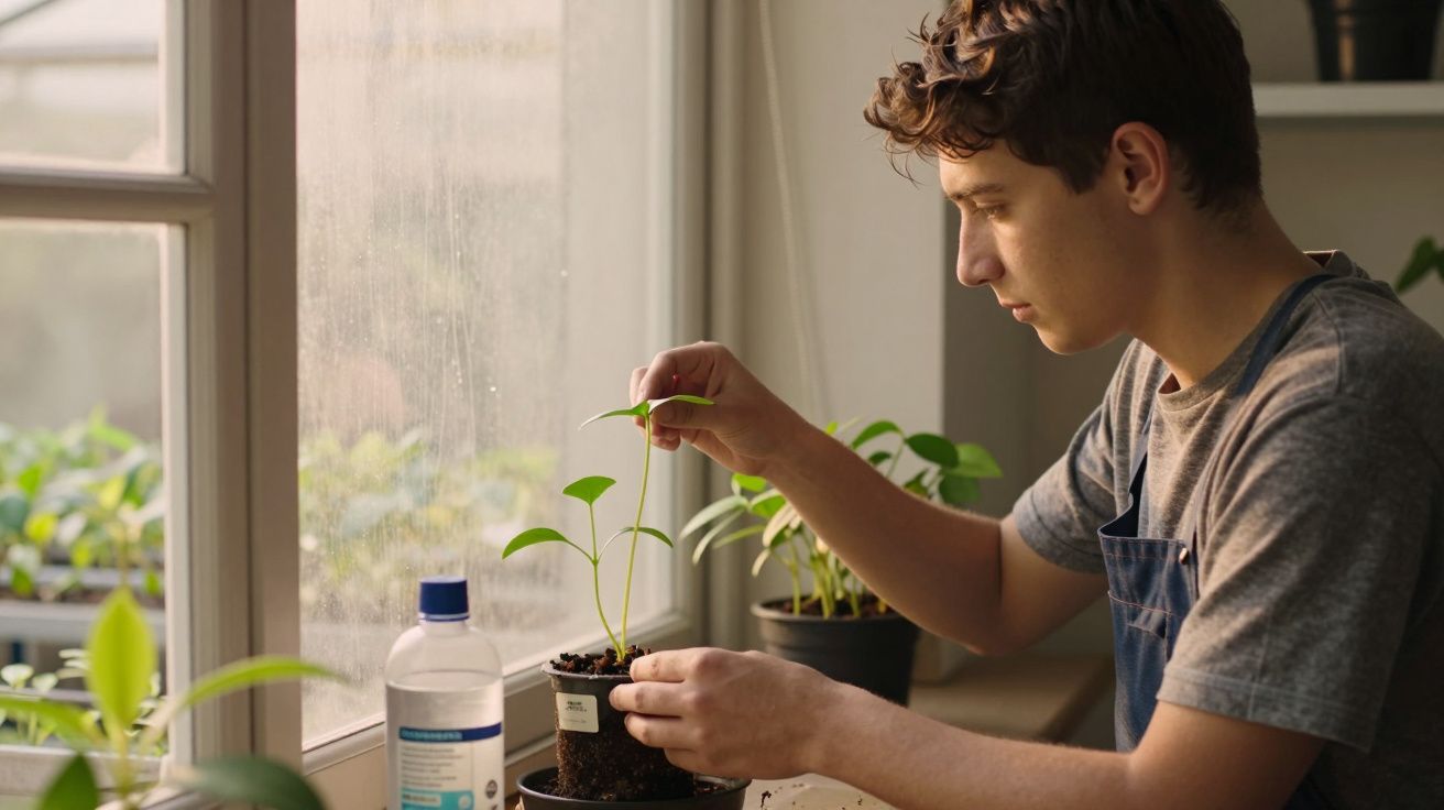 Jovem cuidando de uma planta pequena em vaso perto de uma janela, com luz natural e várias plantas ao fundo.