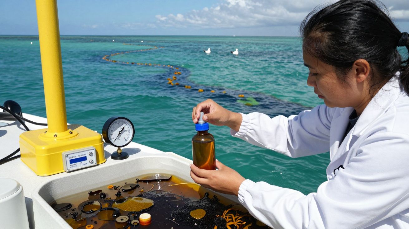 Cientista coleta amostra de água em barco no mar, próximo a barreira de contenção e gaivotas ao fundo.