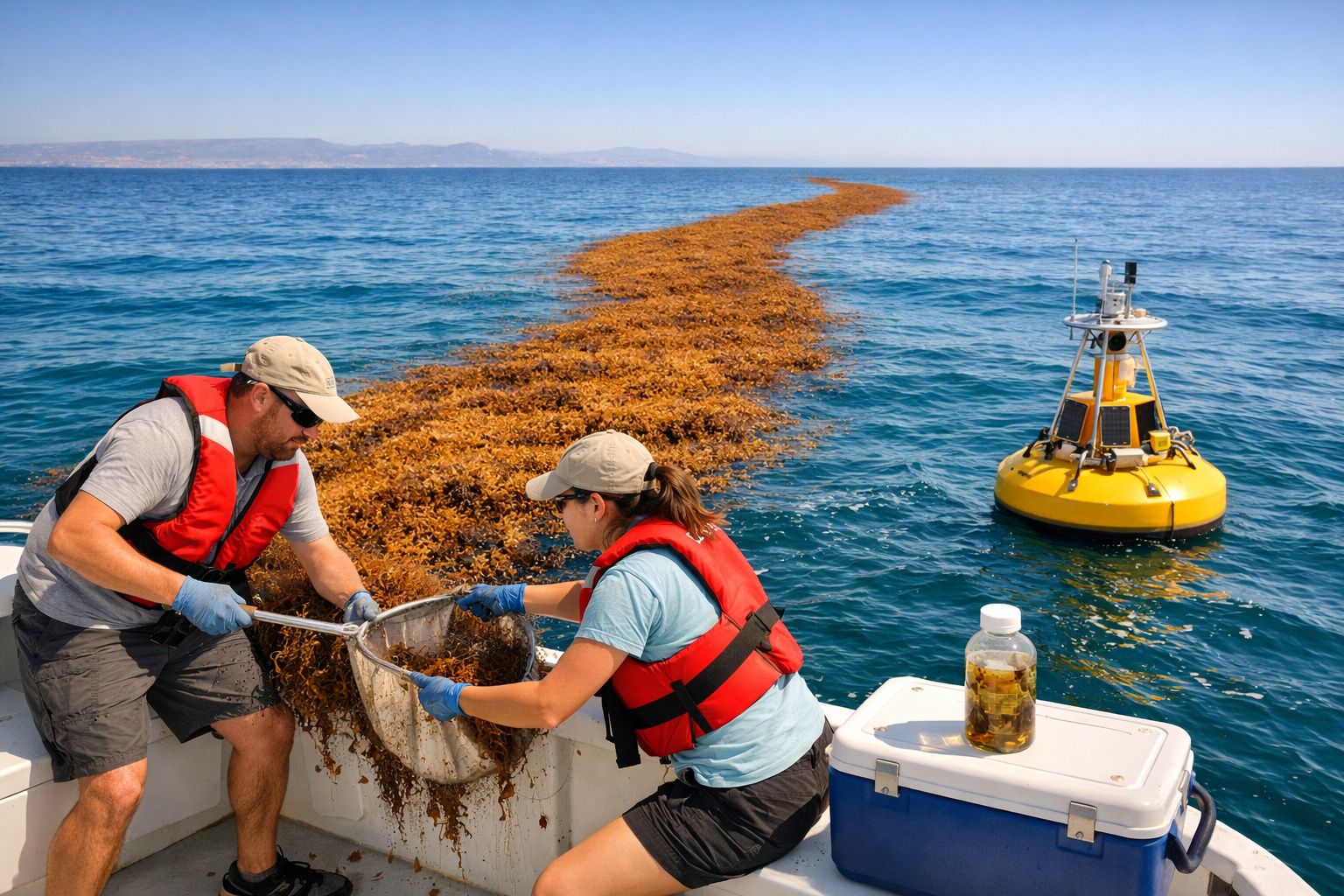 Tartaruga marinha a nadar perto de uma trilha flutuante de anémonas no oceano, com uma bóia ao fundo.