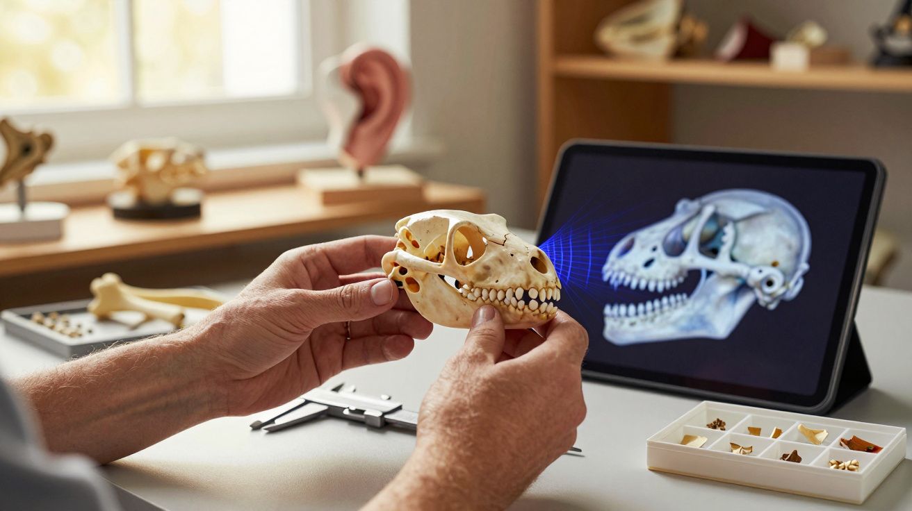 Pessoa analisa crânio de animal enquanto verifica imagem correspondente num tablet em laboratório.