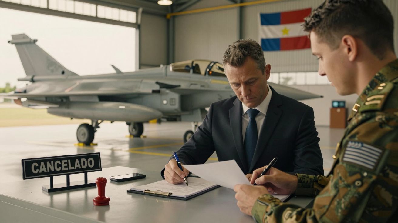 Homem de fato e militar assinam documentos num hangar com jato ao fundo; placa "CANCELADO" visível na mesa.