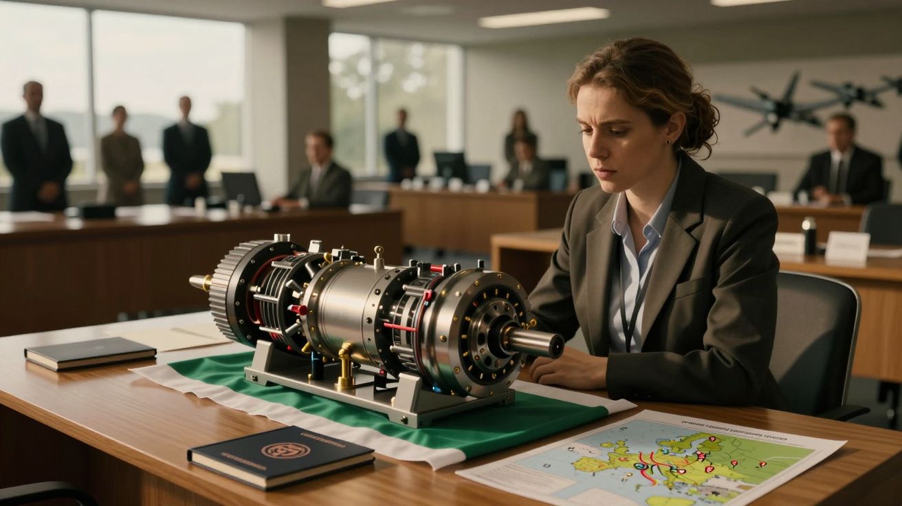 Mulher de fato examina uma máquina complexa numa sala de reuniões com mapas e pessoas ao fundo.