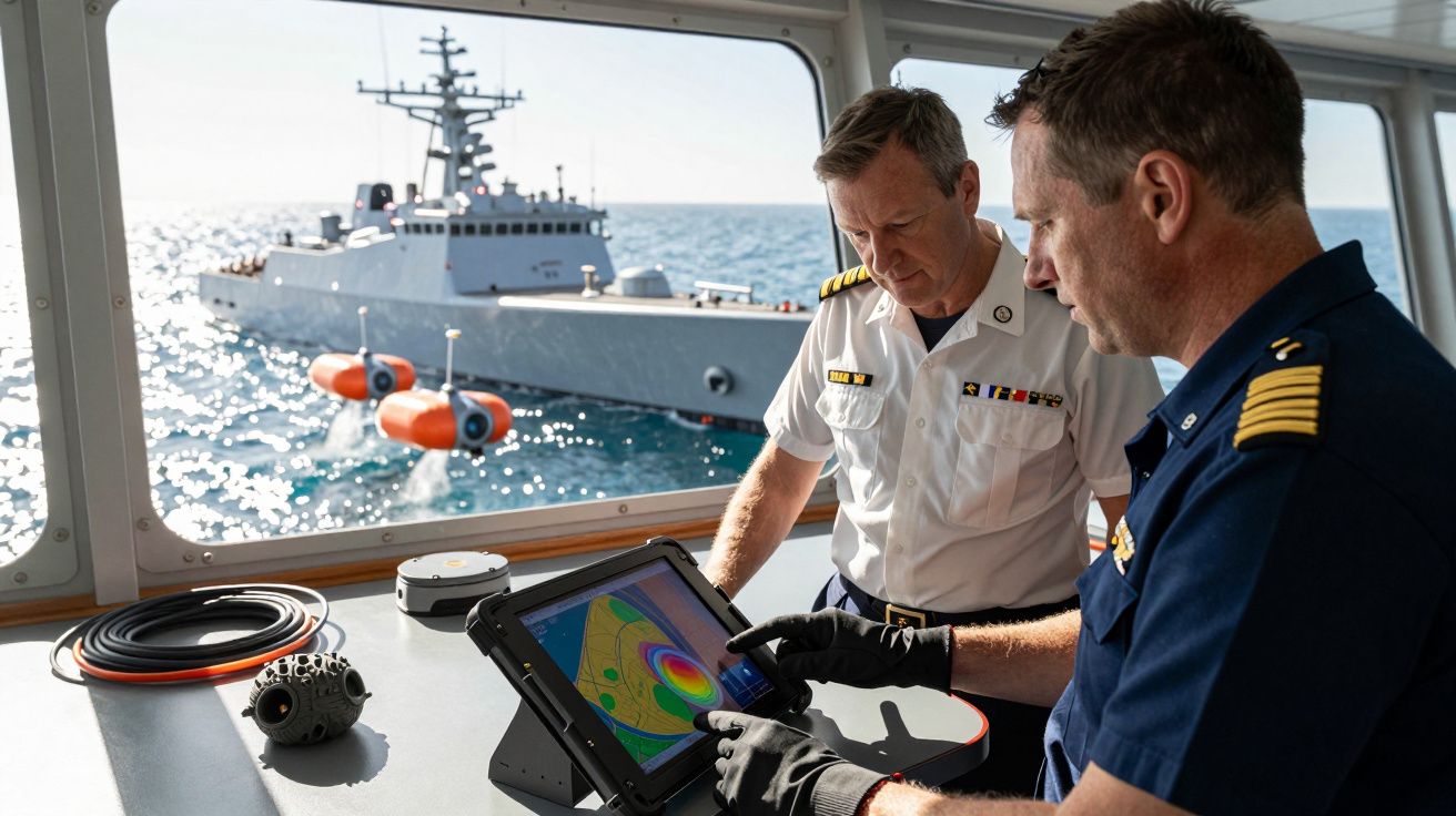 Dois homens fardados analisam dados num tablet a bordo de um barco, com uma embarcação maior ao fundo no mar.