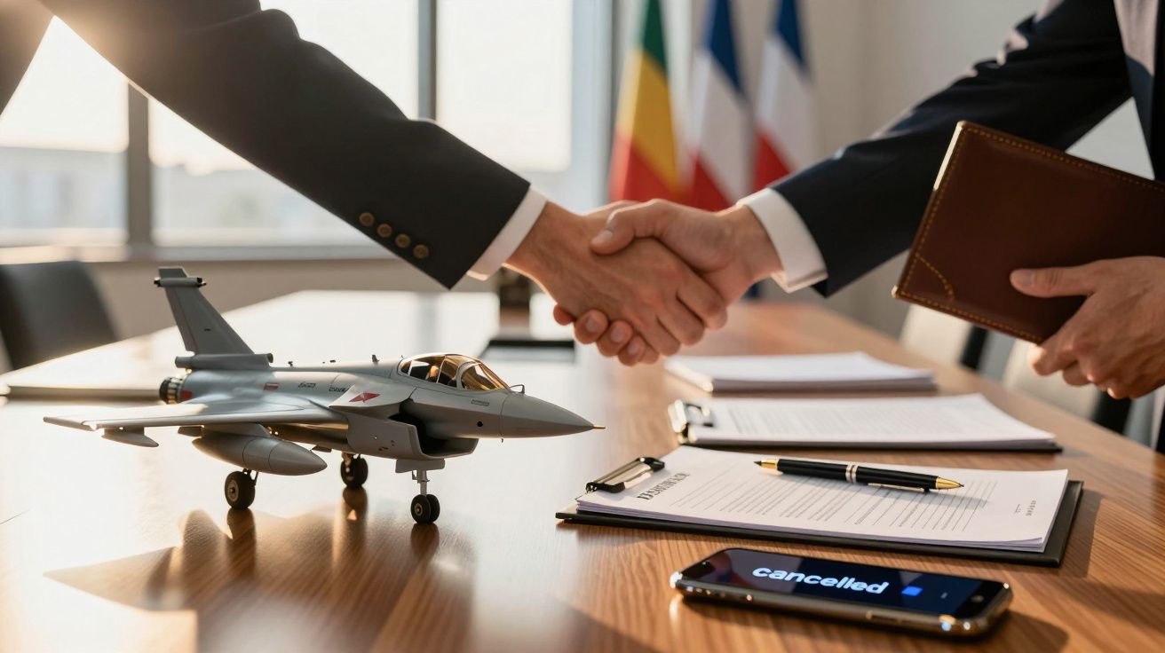 Duas pessoas apertam as mãos sobre uma mesa com documentos, uma maquete de avião e um telemóvel que diz "cancelado".