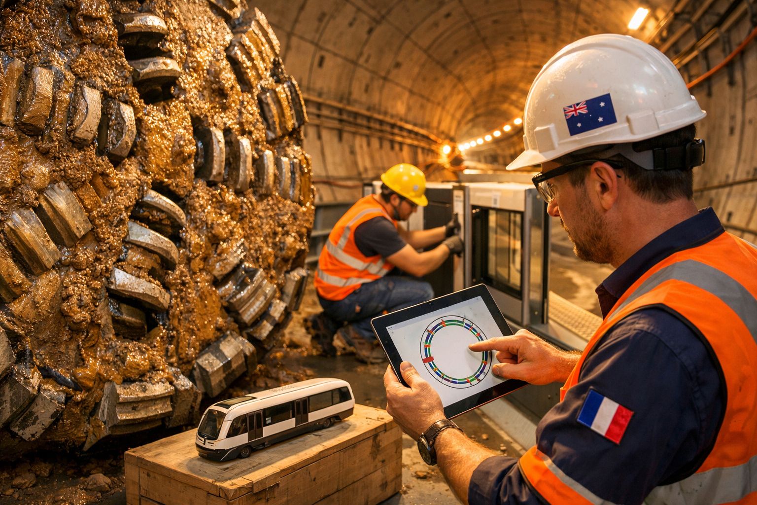 Engenheiro numa obra de túnel, usando capacete e colete, verifica dados num tablet junto de equipamento pesado e comboio.