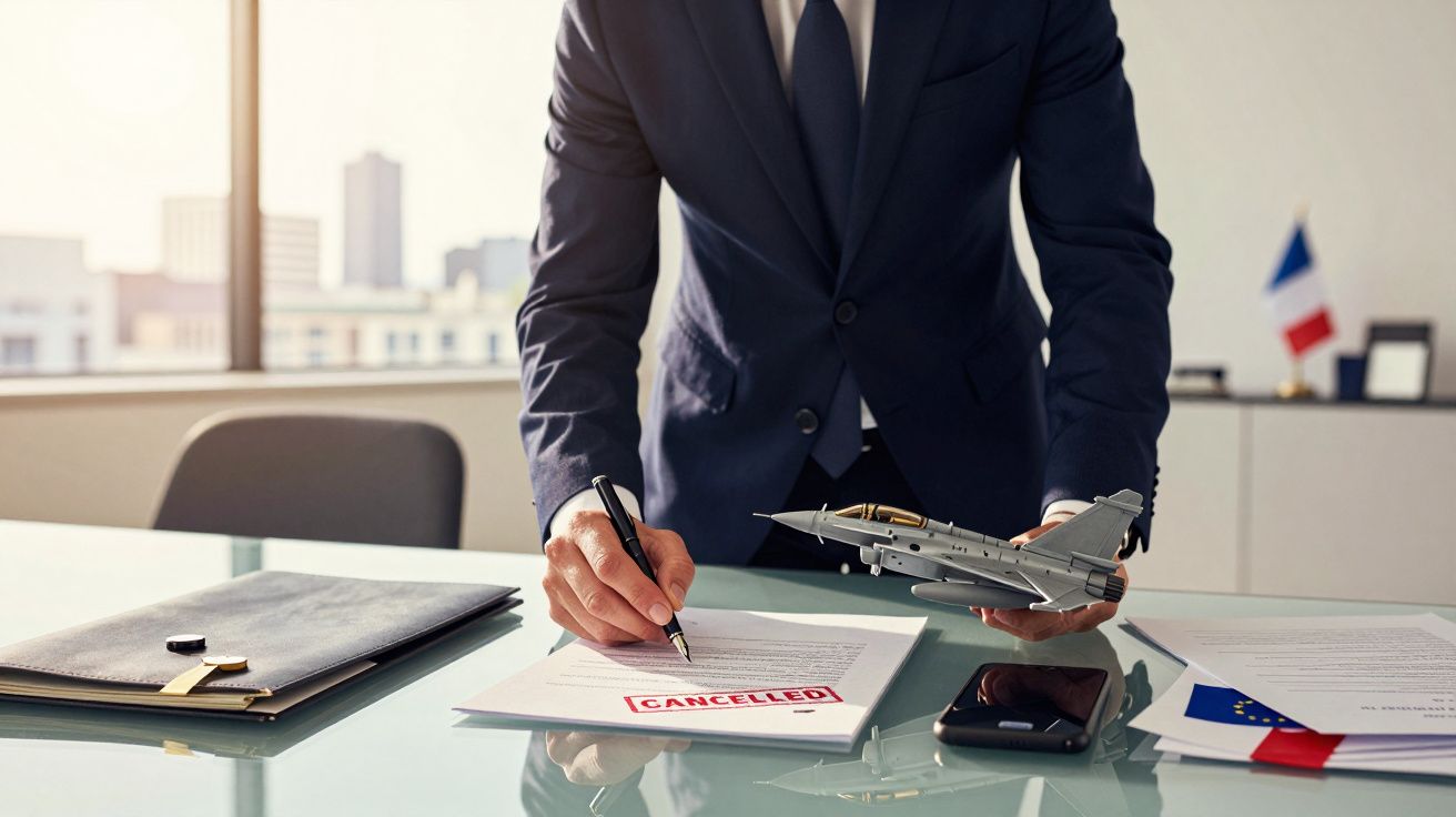 Homem de fato assina documento cancelado, segurando modelo de avião, numa mesa com smartphone e bandeira francesa.