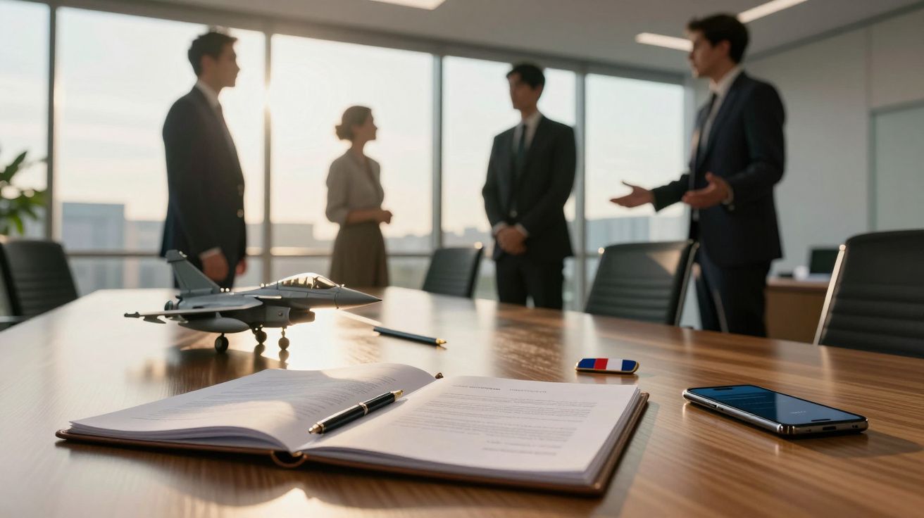 Reunião de negócios em sala moderna, foco em documentos, telemóvel e miniatura de avião sobre a mesa.