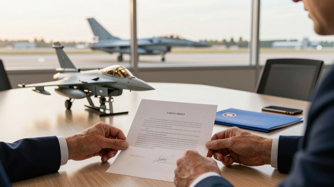 Modelo de avião em mesa, homem segura documento; janela mostra pista com avião de combate.