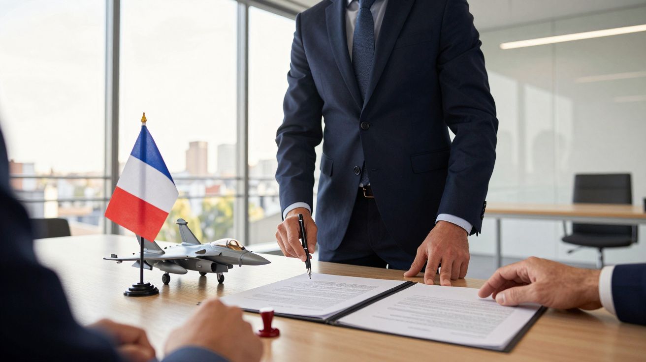 Homem em fato assina contrato numa sala de reuniões, com bandeira da França e modelo de avião na mesa.