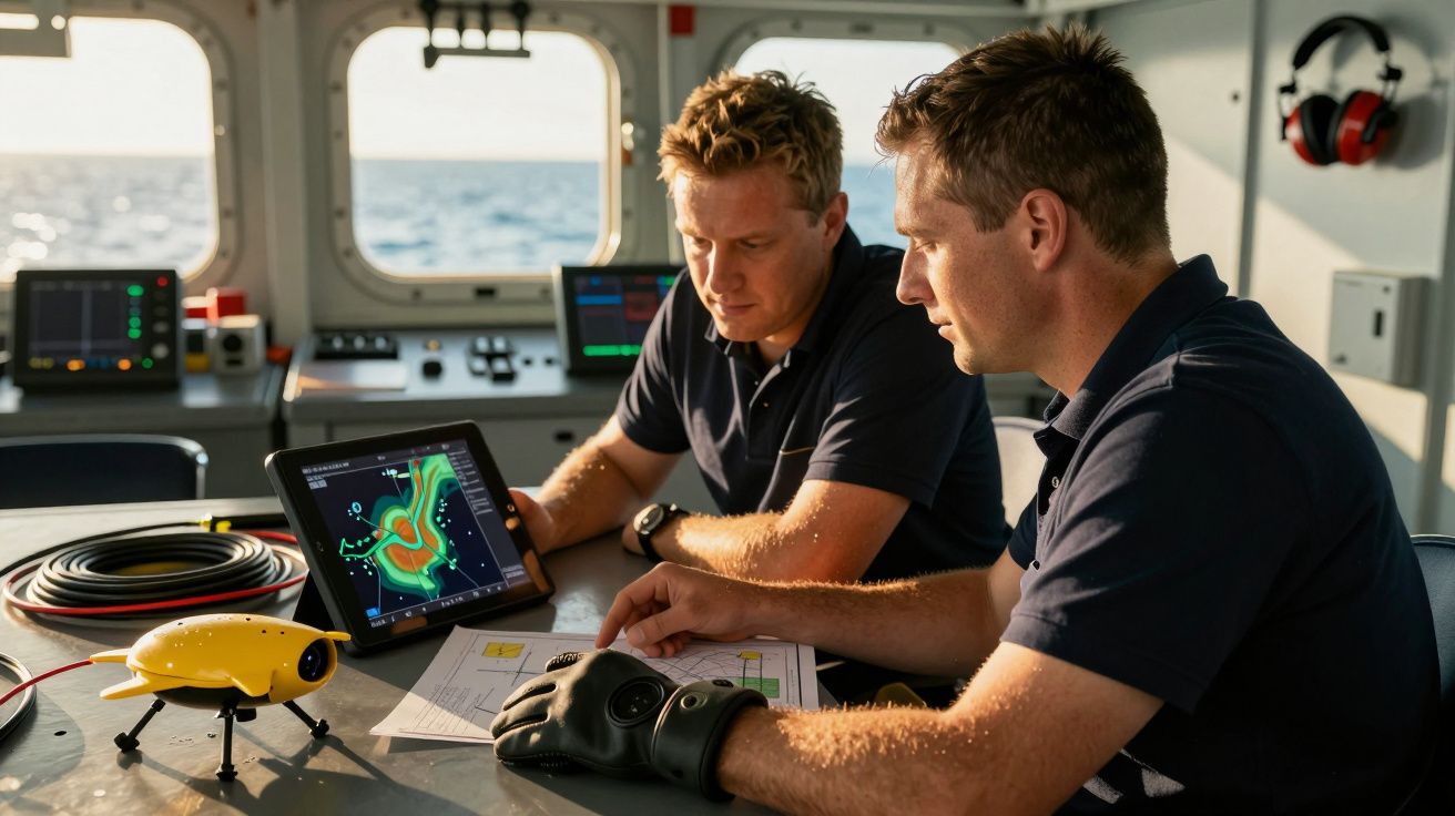 Dois homens observam dados num tablet numa embarcação, com um robô amarelo e mapear no fundo do oceano.