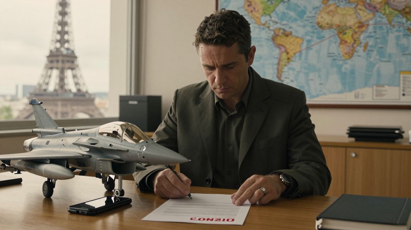 Homem a assinar documento em escritório, com mapa-múndi na parede e modelo de jato na mesa, Torre Eiffel ao fundo.