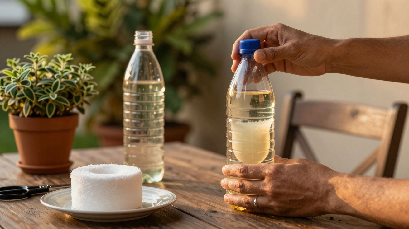 Mãos segurando uma garrafa plástica com líquido, ao lado de um prato com algo branco e uma planta em vaso sobre mesa de madei