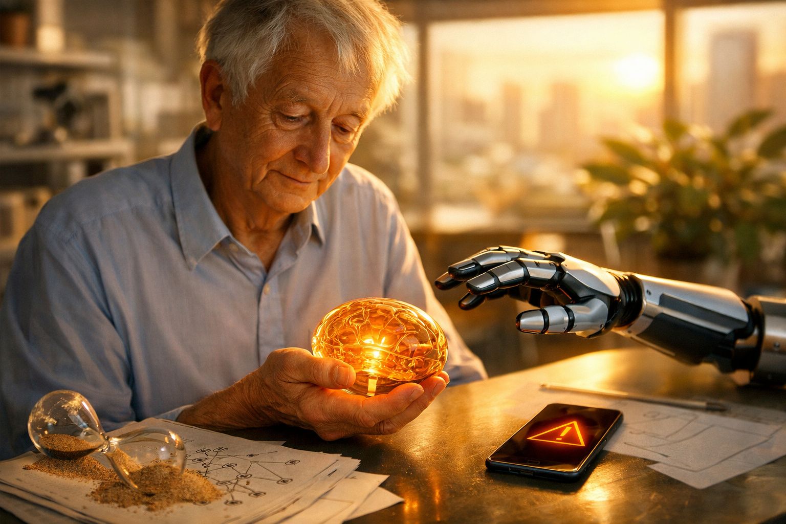 Homem idoso jogando xadrez em casa, com livros e um tablet ao redor, concentrado na partida.