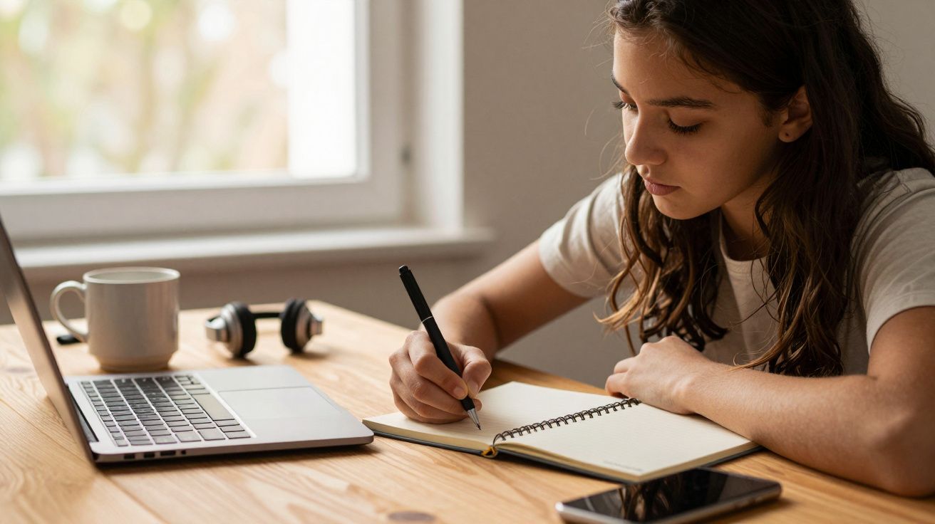 Jovem a estudar numa mesa com portátil, caderno e caneca. Auriculares e telemóvel também estão na mesa.