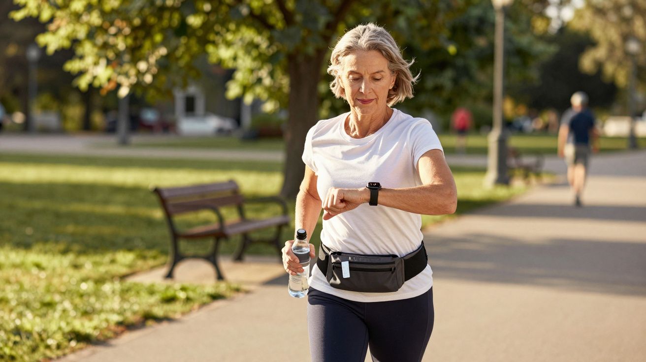 Mulher corre num parque, segura garrafa de água e verifica relógio. Ambiente ensolarado com árvores e banco ao fundo.