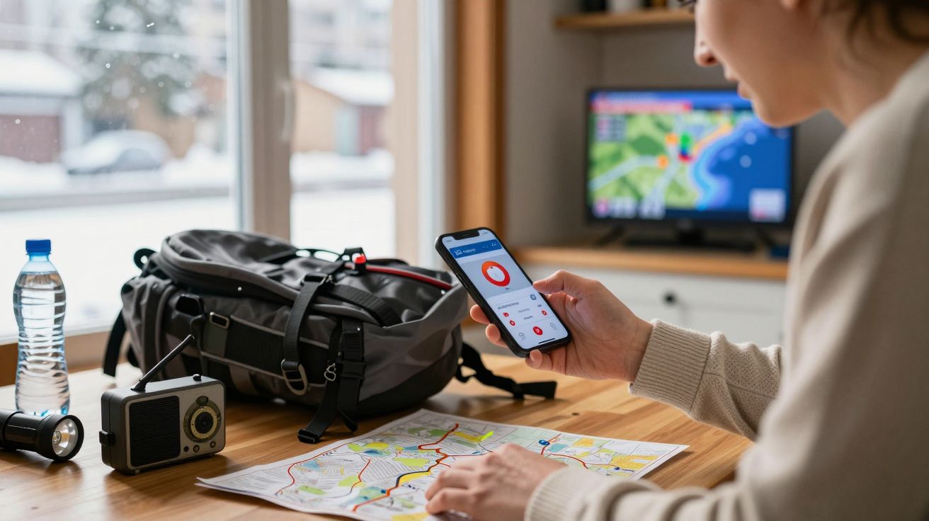 Pessoa consulta o telemóvel enquanto planeia viagem com mochila, mapa e água. Televisor mostra mapa na sala.