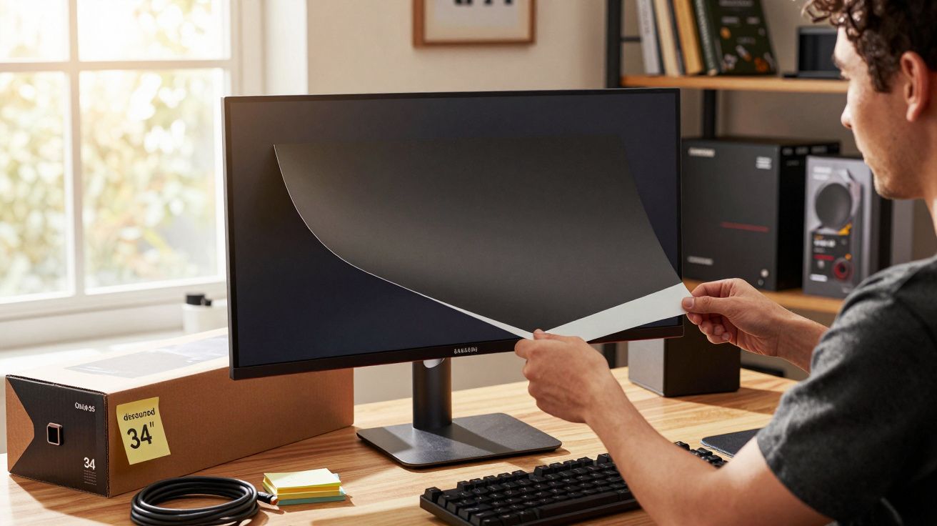 Homem aplica película protetora num monitor de computador numa mesa de madeira, com teclado e acessórios ao redor.