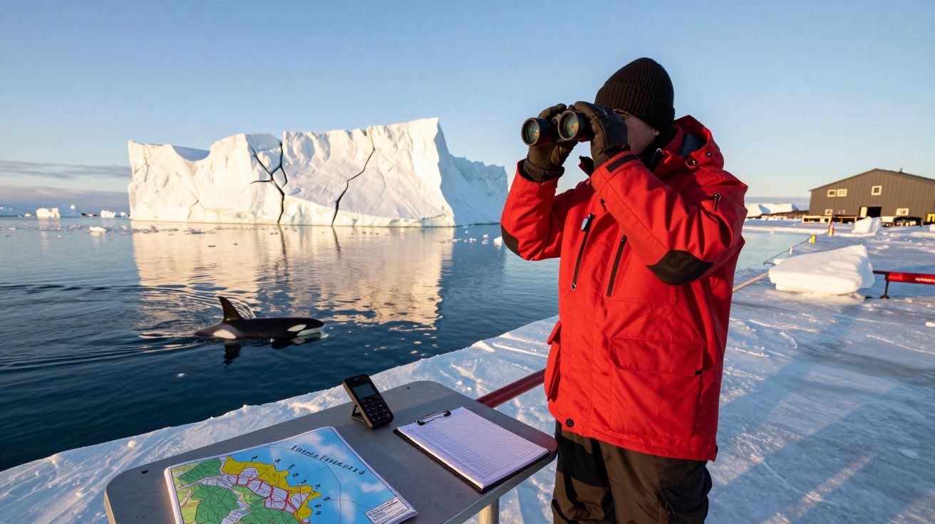 Pessoa de casaco vermelho observa com binóculos uma orca nadar perto de um iceberg, com uma mesa de mapas ao lado.