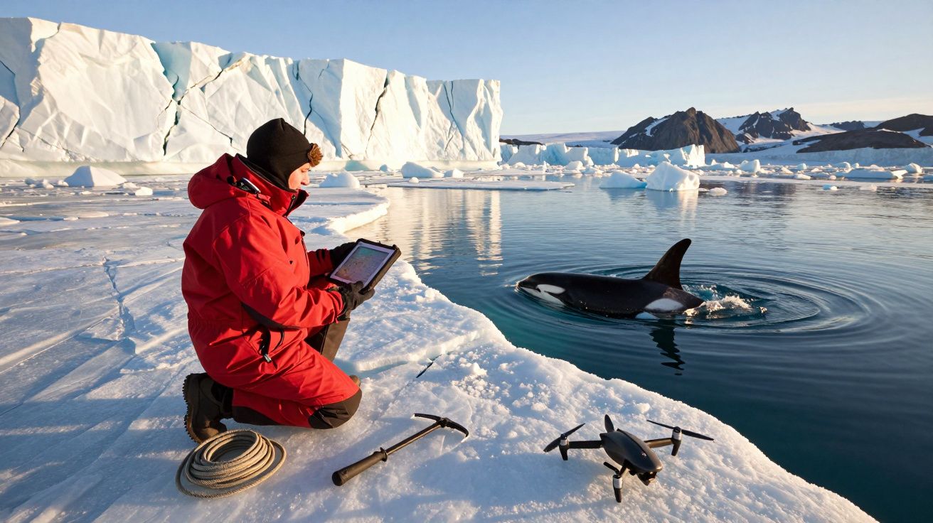 Pesquisador em traje vermelho observa orca no gelo ártico, com drone e tablet, junto a icebergues ao fundo.
