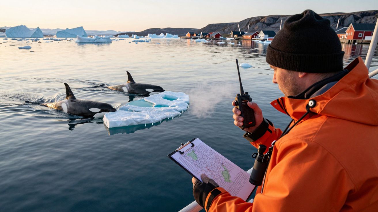 Homem com walkie-talkie observa duas orcas perto de um iceberg, com mapa na mão, em cenário ártico com cabanas ao fundo.