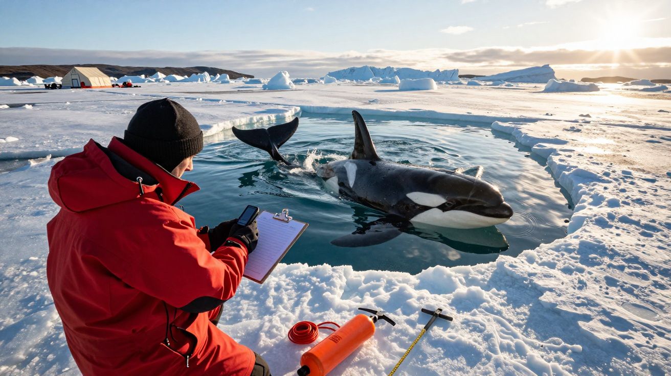 Cientista observa uma orca numa abertura de gelo, rodeada por equipamento científico no Ártico, ao entardecer.