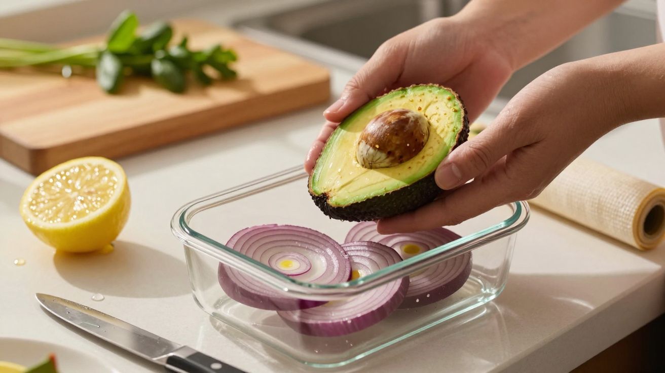 Mãos seguram metade de um abacate sobre um recipiente com rodelas de cebola roxa, ao lado de meio limão.