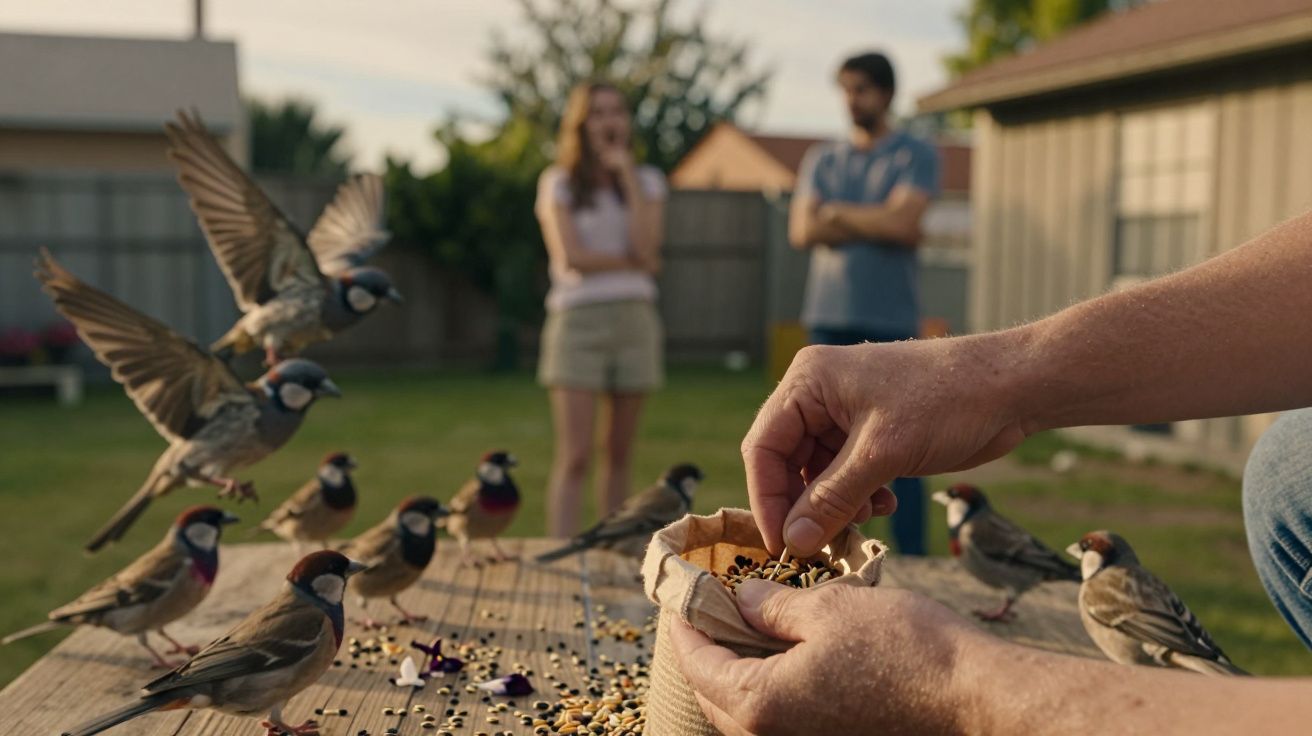 Pessoa alimenta pardais numa mesa ao ar livre, enquanto duas pessoas observam ao fundo.