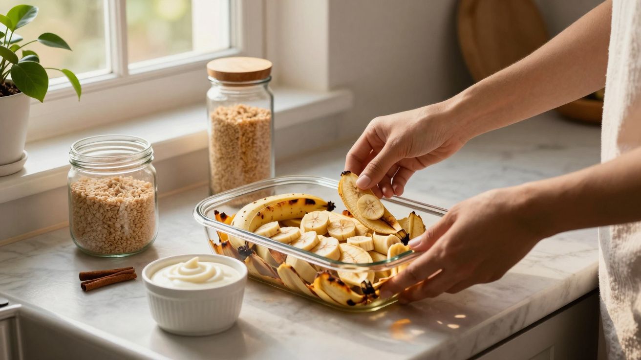 Pessoa prepara sobremesa de banana e maçã numa travessa, sobre bancada com frascos de ingredientes e taça de iogurte.