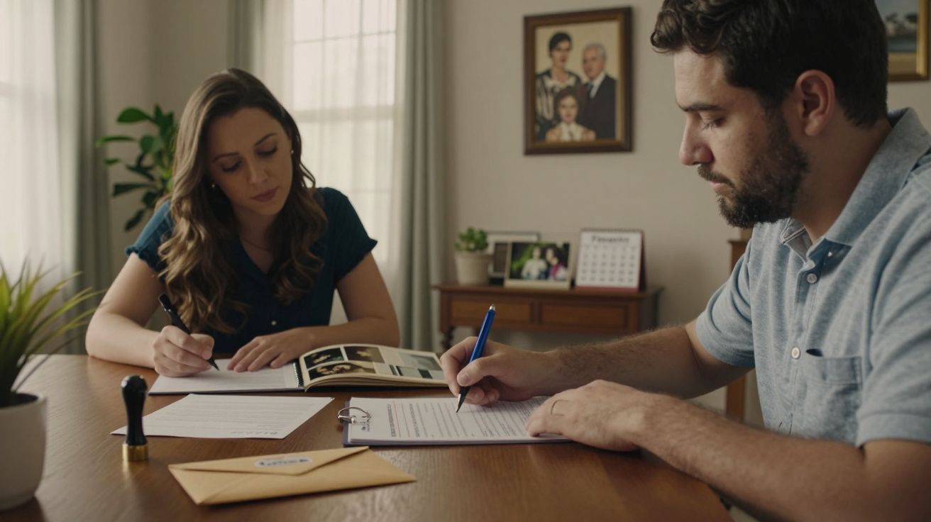 Homem e mulher sentados a uma mesa escrevendo em documentos com fotos de família ao fundo.