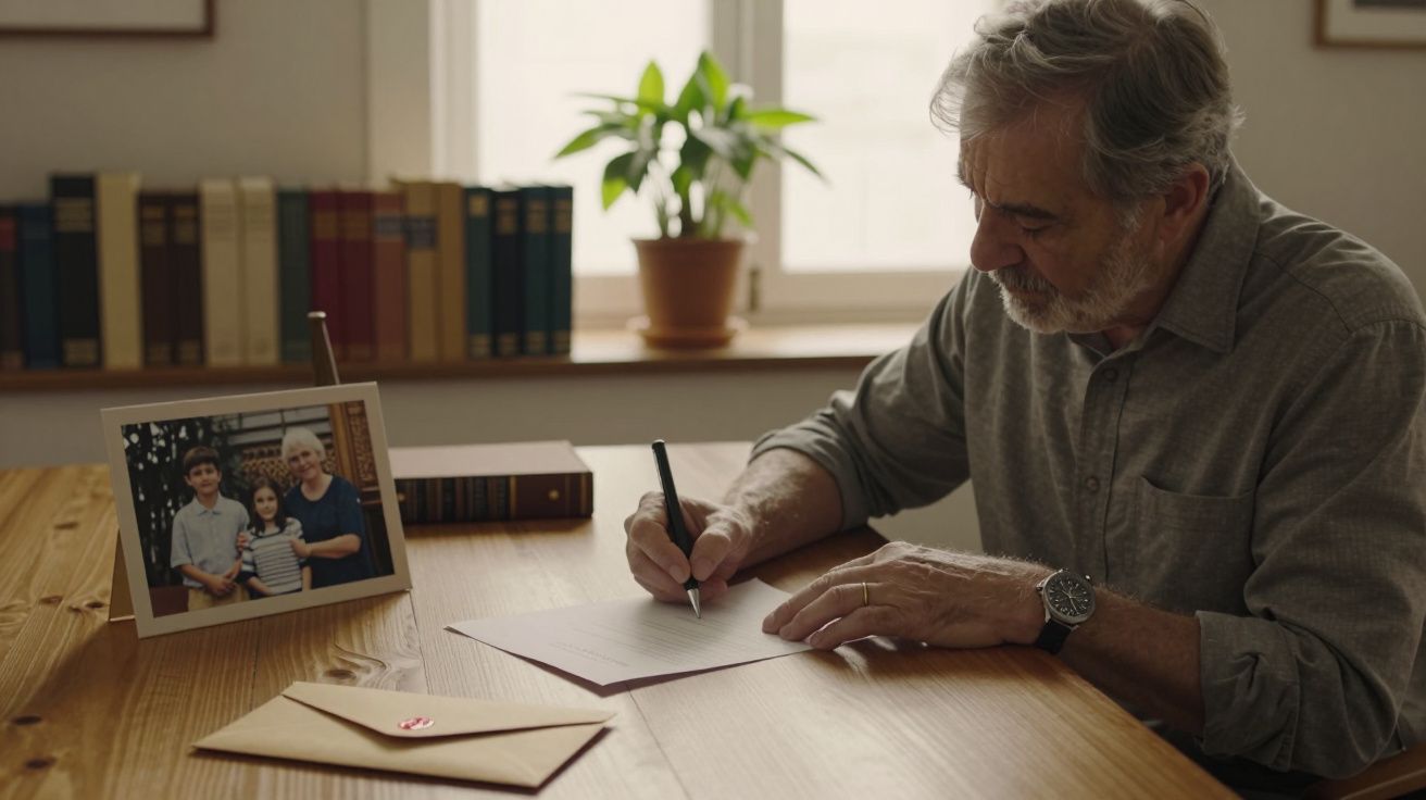 Homem idoso escreve carta à mesa, ao lado de uma fotografia de família e envelope selado.