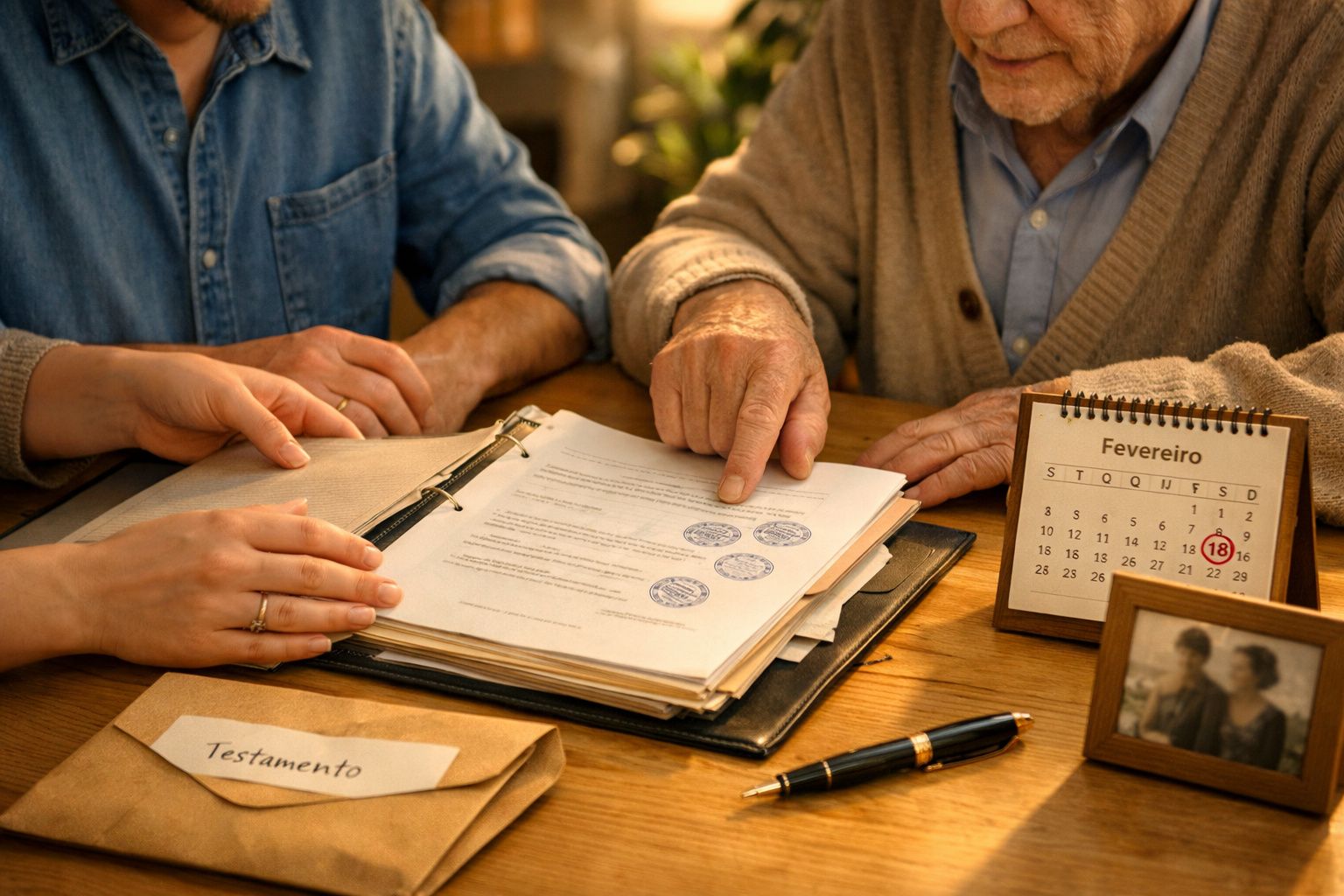 Quatro pessoas sentadas à mesa examinando documentos, com uma chave e azeitonas sobre a mesa.
