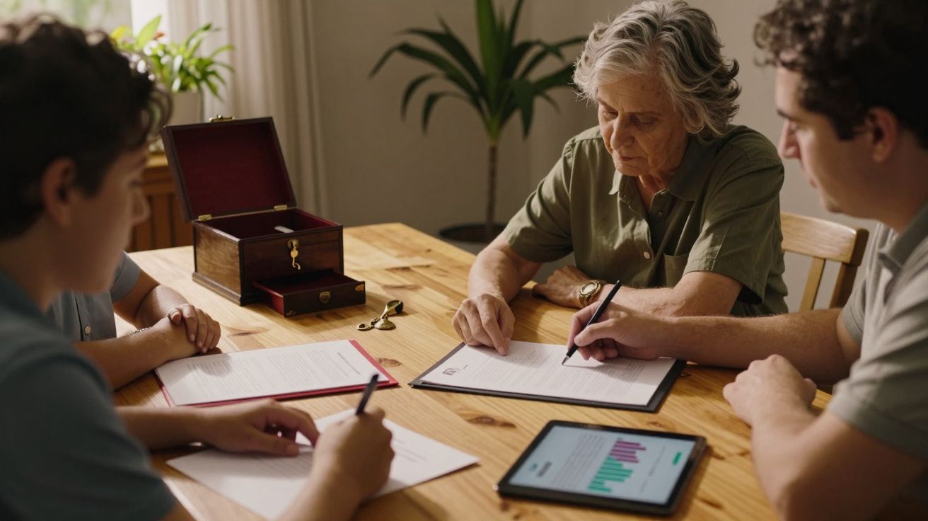 Três pessoas numa mesa a discutir documentos, com um tablet aberto e uma caixa de madeira.