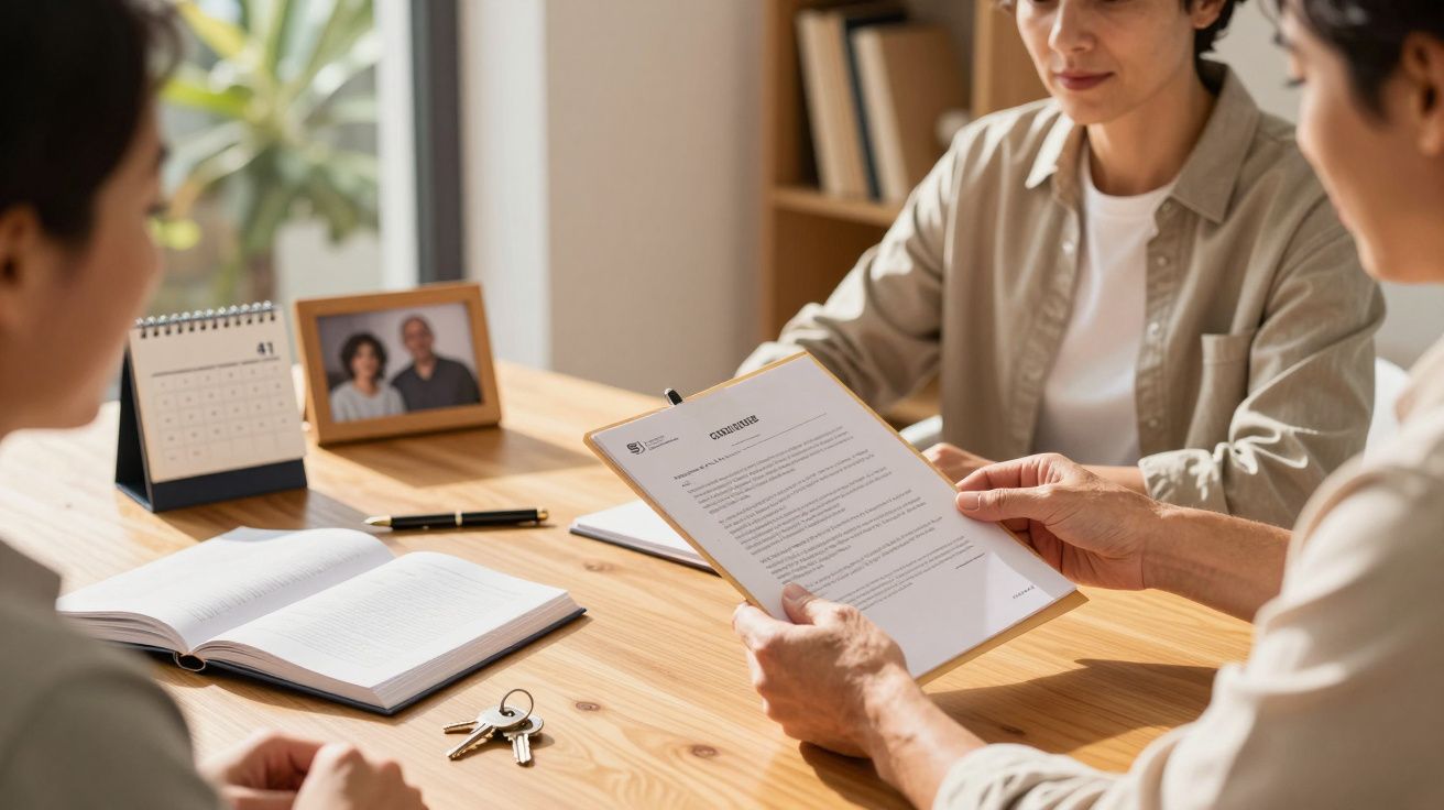 Duas pessoas analisam documentos numa mesa de madeira. Há uma moldura, bloco de notas e chave sobre a mesa.