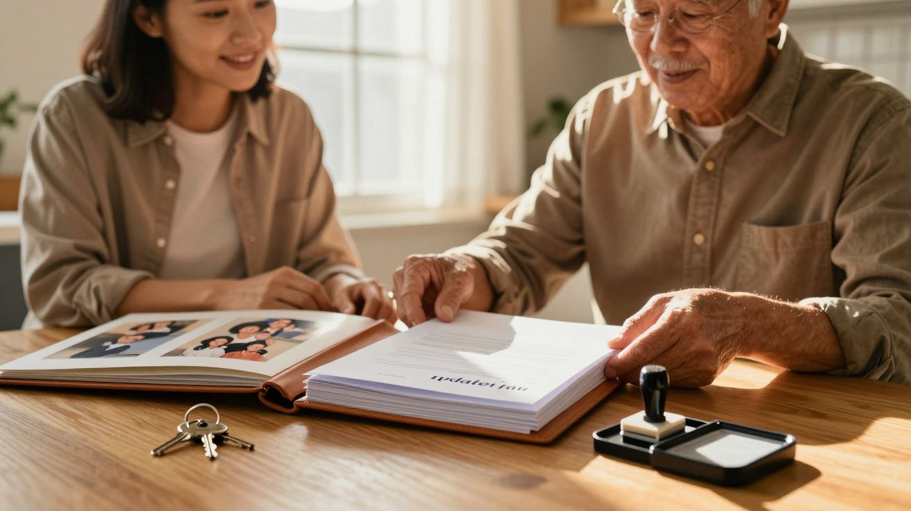 Mulher e idoso olham documentos e fotos numa mesa, com carimbos e chaves ao lado.