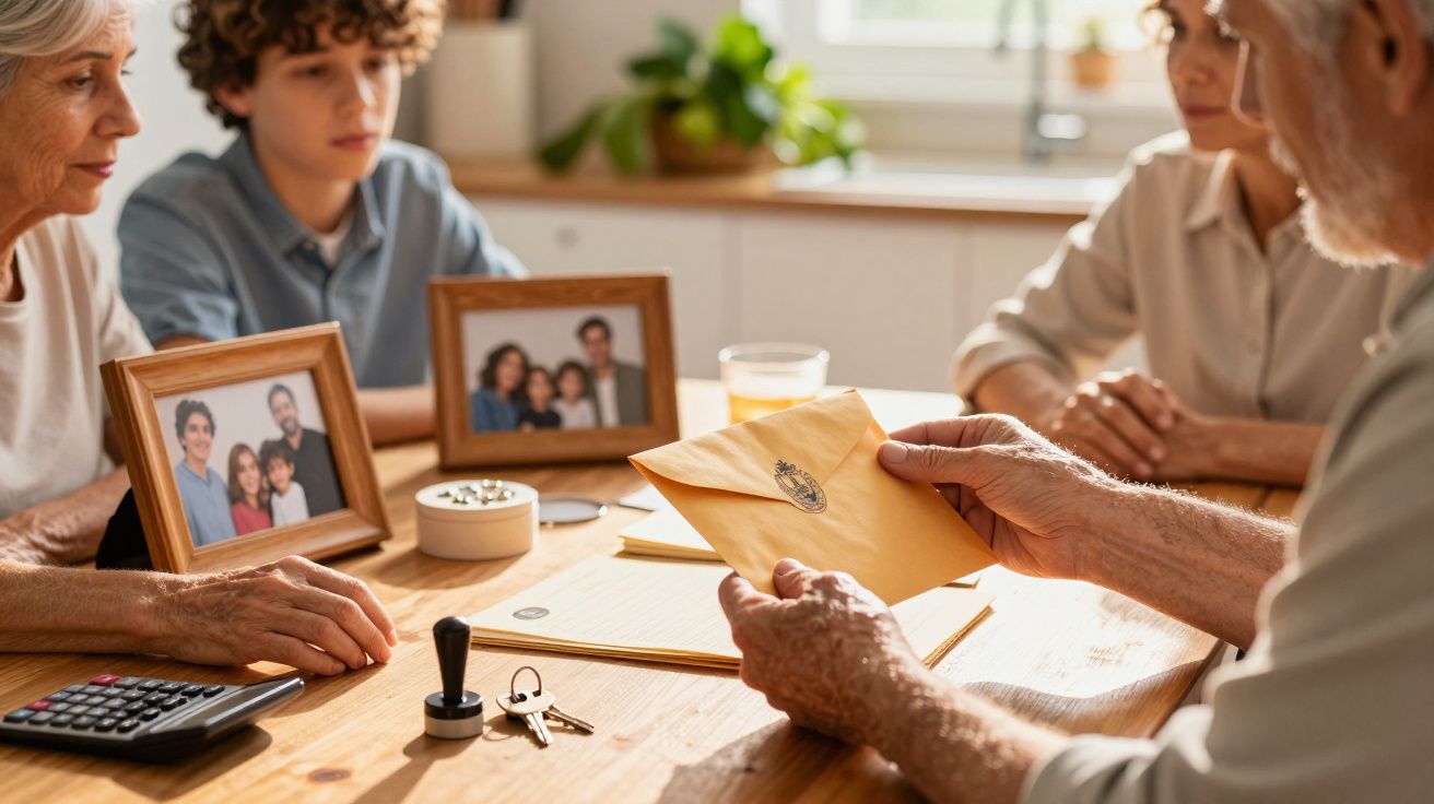 Idosos e jovens sentados à mesa com fotos de família, envelope, calculadora e chaves.