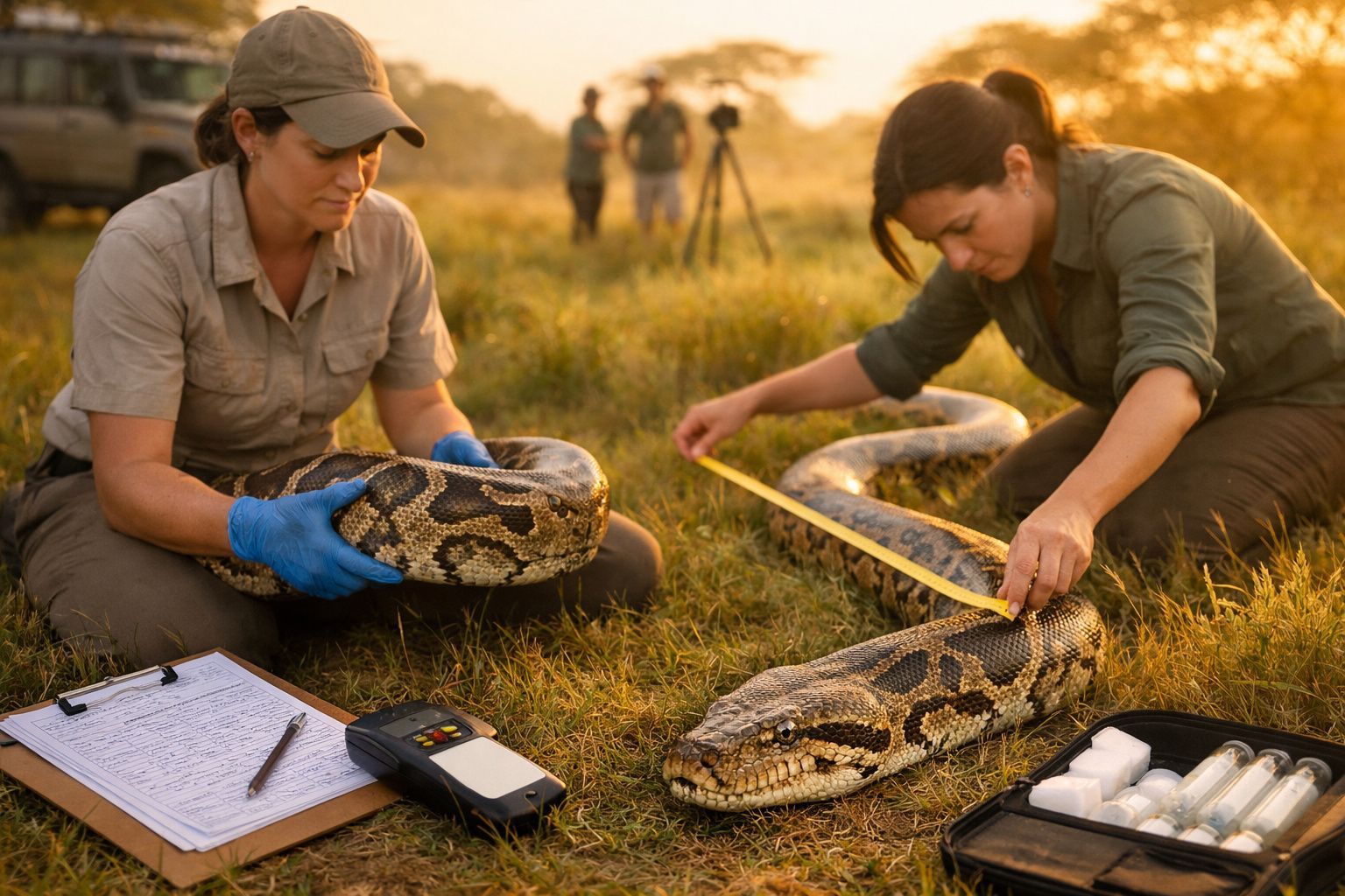 Biólogos num campo aberto, analisando uma cobra sobre uma lona com desenhos científicos e equipamentos de pesquisa.