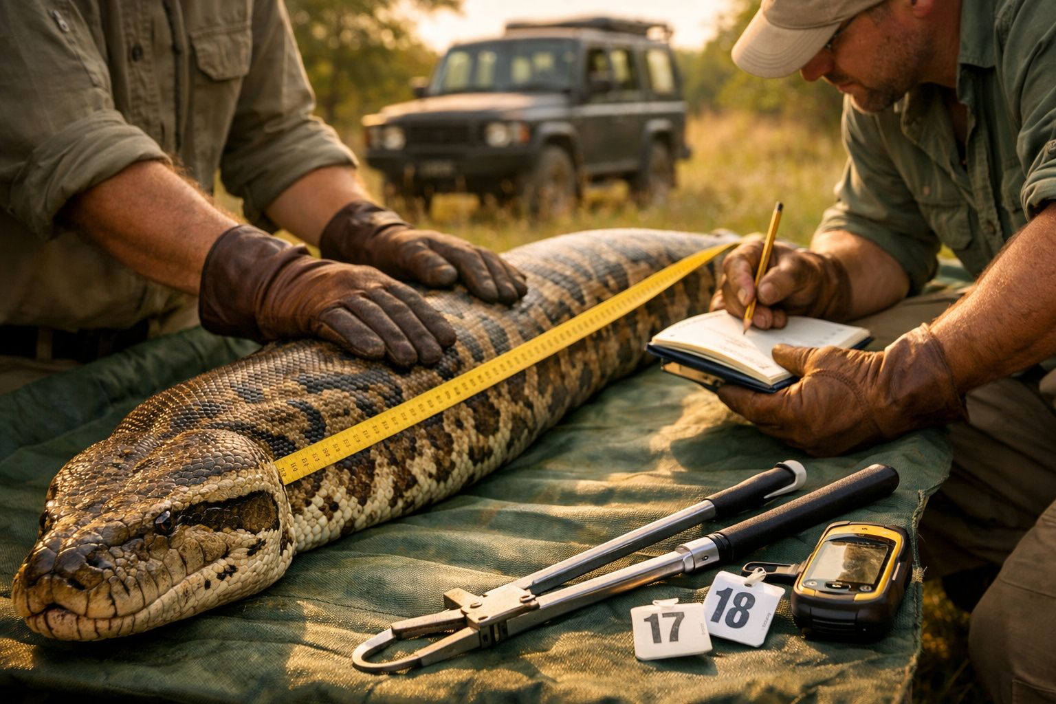 Biólogos medindo uma cobra em savana, com jipe ao fundo, usando fita métrica e luvas.