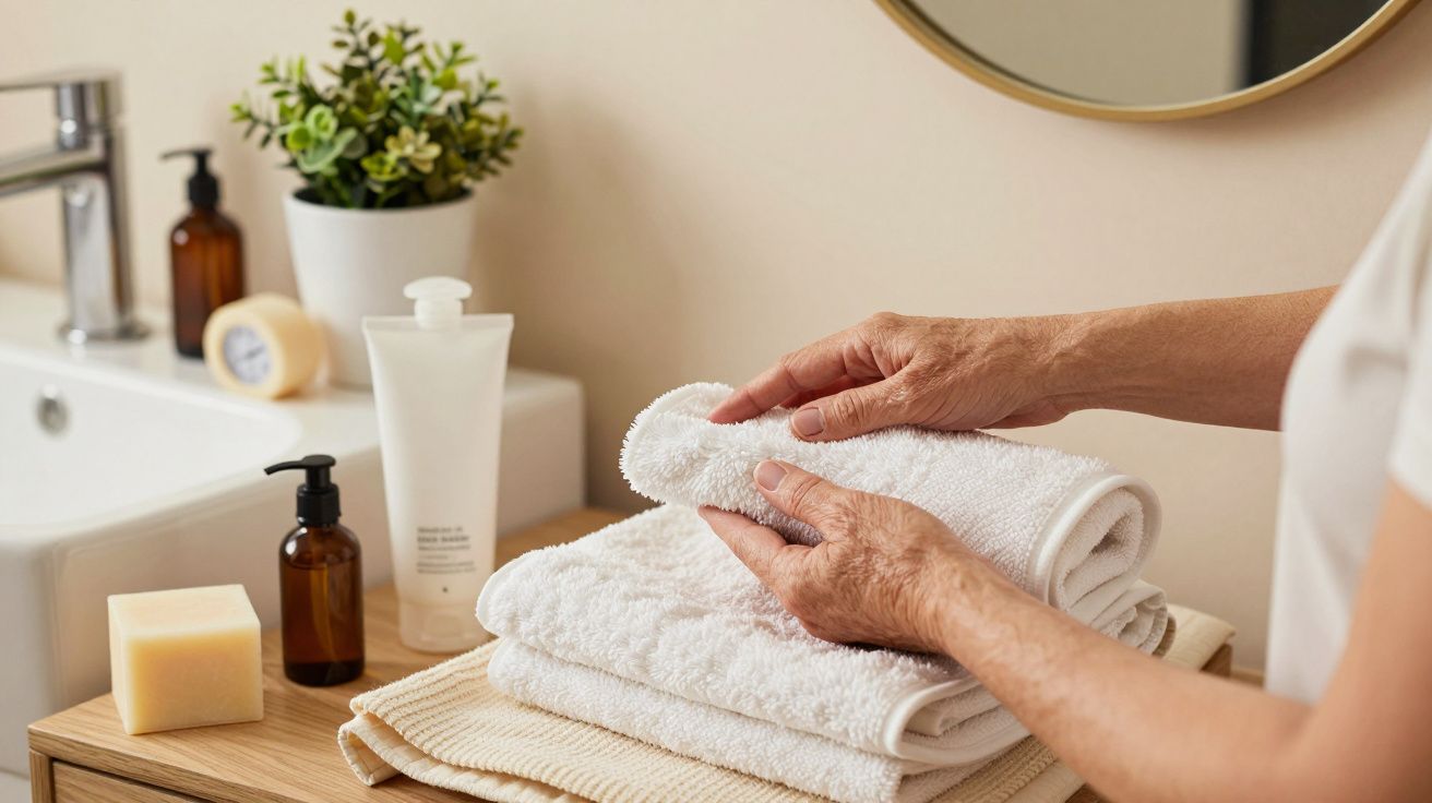 Mãos organizando toalhas brancas em casa de banho com plantas e produtos de higiene ao fundo.