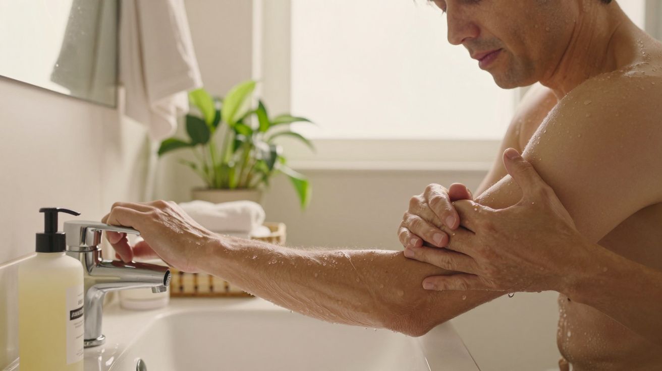 Homem a lavar as mãos num lavatório, com sabonete líquido e planta ao fundo.