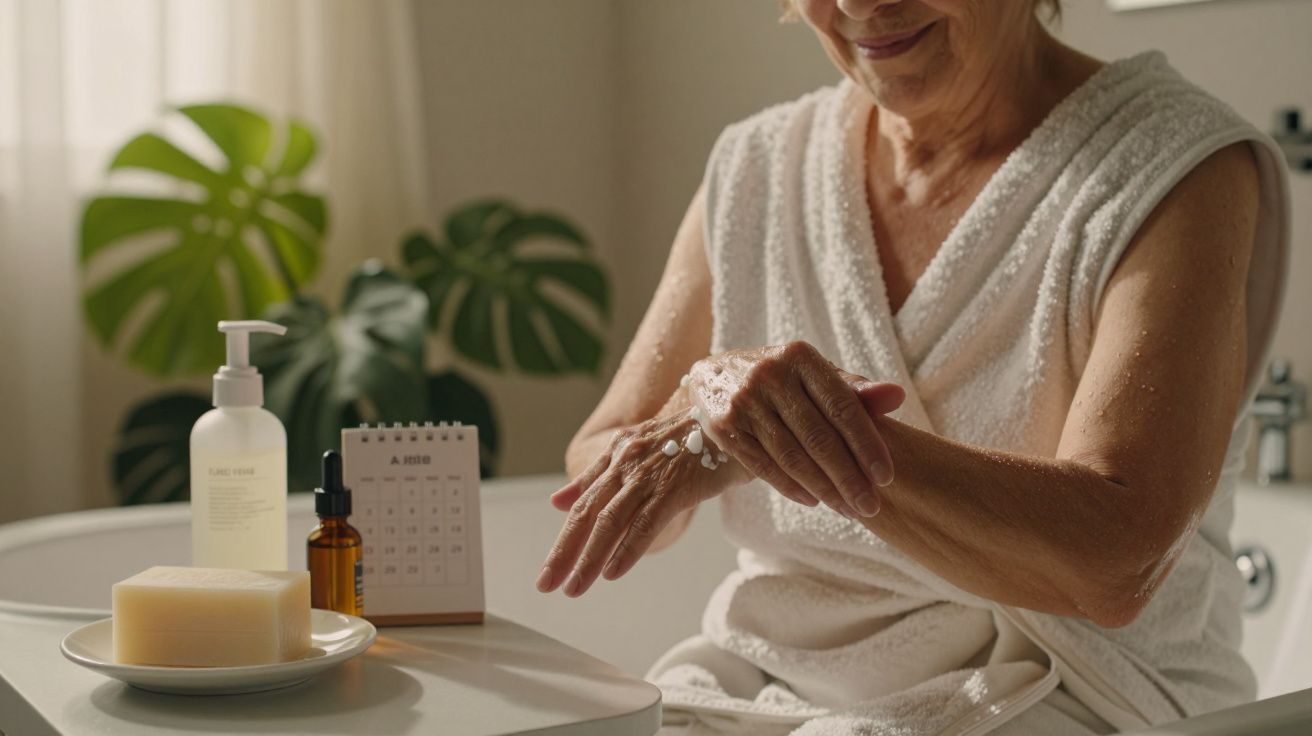 Mulher aplicando creme nas mãos em casa de banho, com sabonete, loção e calendário na bancada.