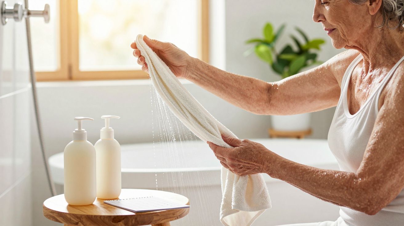 Mulher idosa enxugando toalha no banheiro, com frascos de sabão e planta ao fundo.